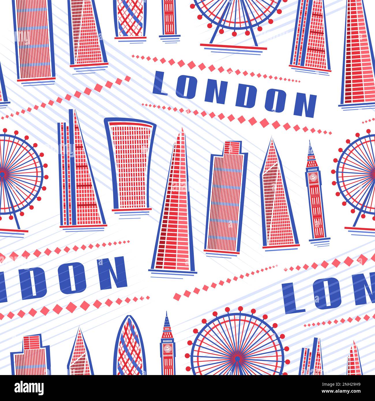 Motif vectoriel de Londres sans couture, arrière-plan répétitif avec illustration du paysage rouge de la ville européenne de londres sur fond blanc pour papier d'emballage, décor Illustration de Vecteur