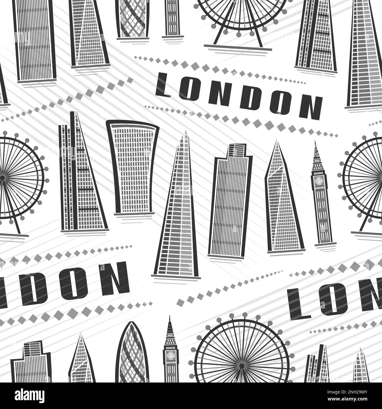 Vector London Seamless Pattern, fond carré répété avec illustration du paysage de la ville européenne de londres sur fond blanc pour papier d'emballage, décor Illustration de Vecteur