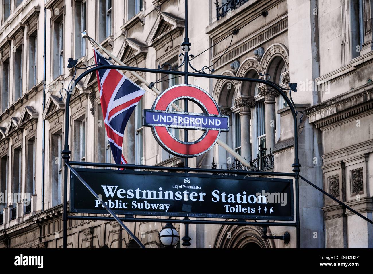 Panneau de métro de la station Westminster à Londres, Royaume-Uni Banque D'Images