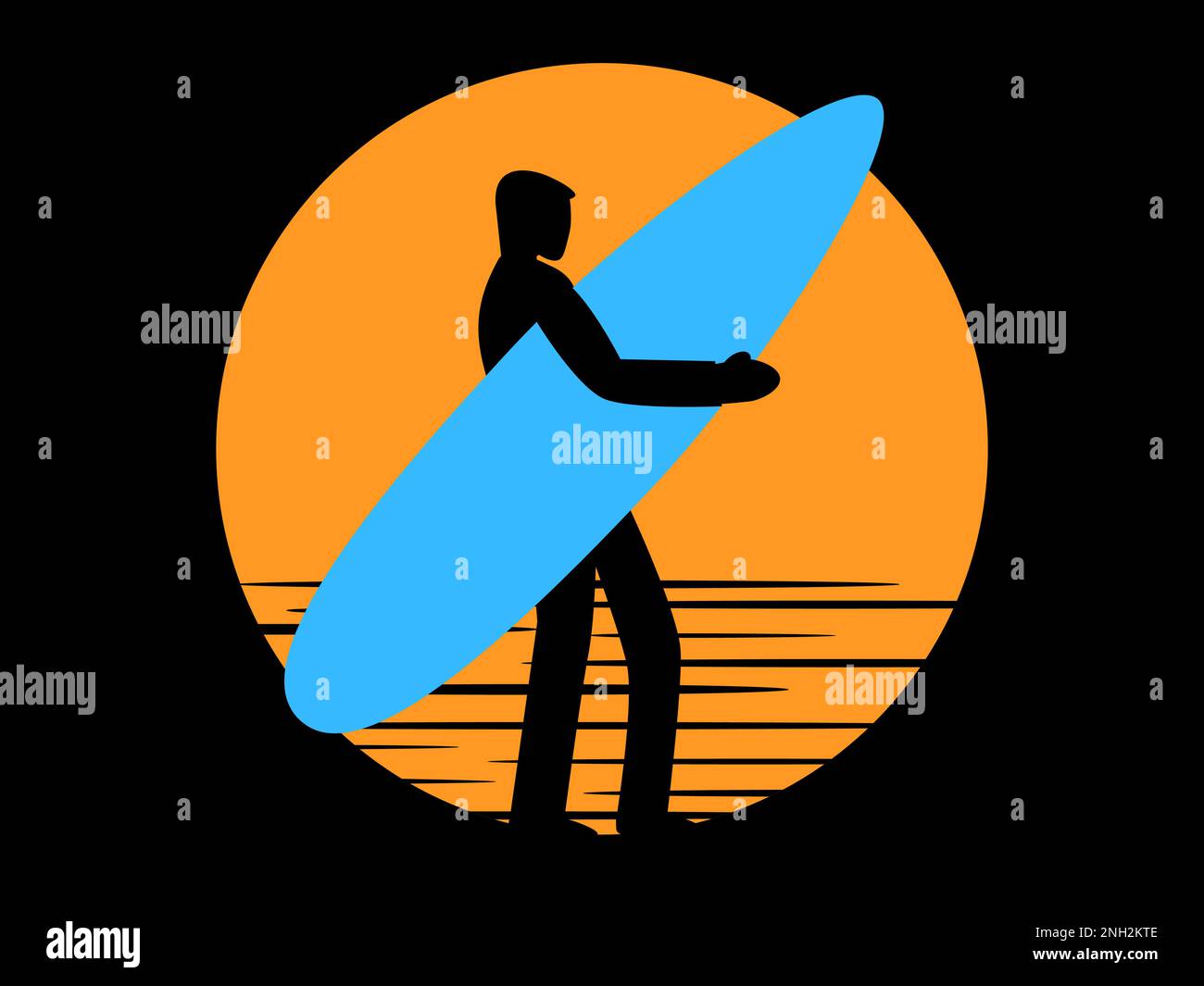 Surfer avec planche de surf sur fond de coucher de soleil. Silhouette d'un surfeur et de palmiers sur fond de soleil. Design pour bannières, affiches et pro Illustration de Vecteur