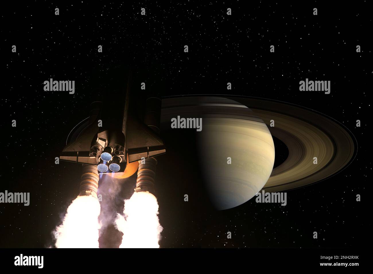 Vols de vaisseau spatial vers la planète Saturne dans l'espace. Concept d'exploration spatiale. Éléments de cette image fournis par la NASA. Banque D'Images