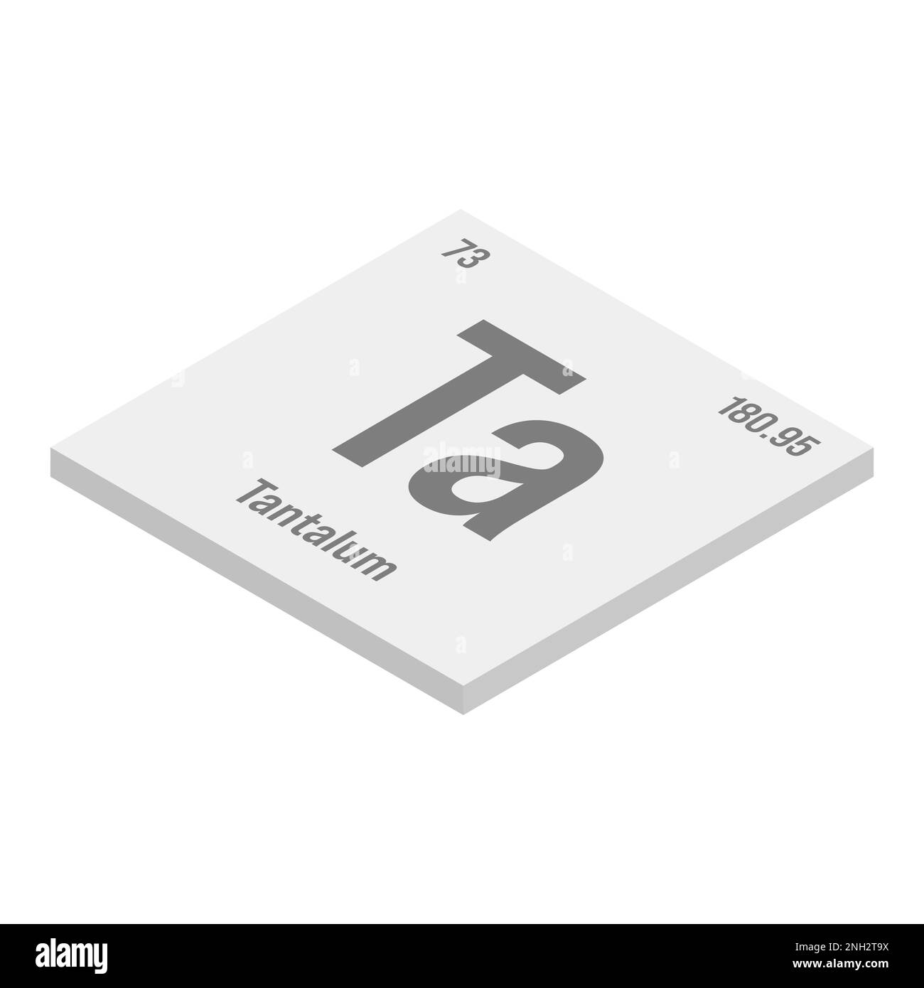 Tantale, Ta, gris 3D illustration isométrique de l'élément de table périodique avec nom, symbole, numéro atomique et poids. Métal de transition à diverses utilisations industrielles, comme dans les condensateurs électriques, certains types d'implants médicaux, et comme composant dans certains types d'alliages. Illustration de Vecteur