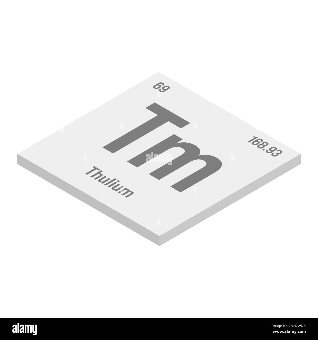 Thulium, TM, gris 3D illustration isométrique de l'élément de table périodique avec nom, symbole, numéro atomique et poids. Métal de terre rare avec diverses utilisations industrielles, comme dans certains types d'imagerie médicale et comme composant dans certains types d'appareils électroniques. Illustration de Vecteur