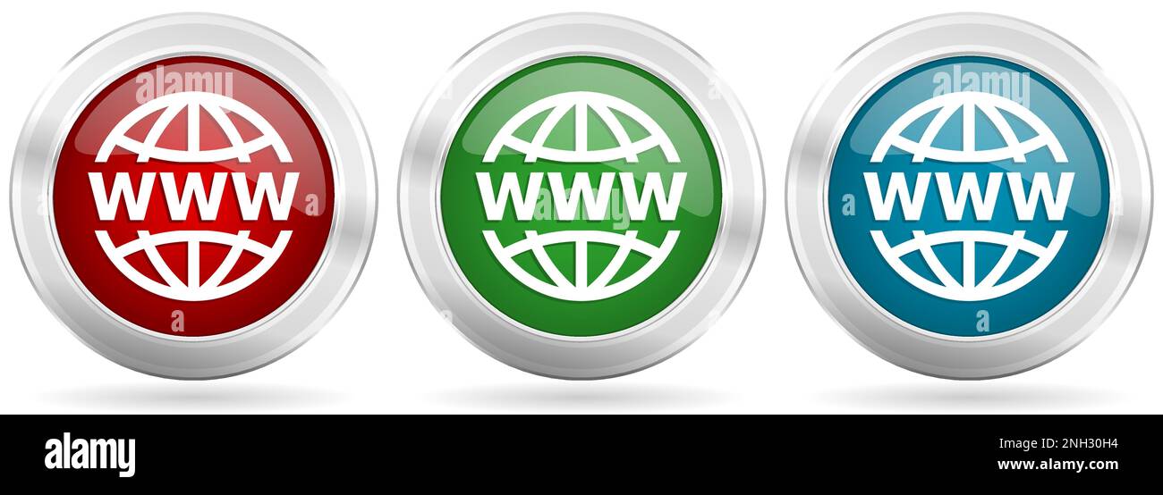 Web, www et Internet Vector Icon Set. Boutons en toile métallique rouge, bleu et vert argentés avec bordure chromée Illustration de Vecteur