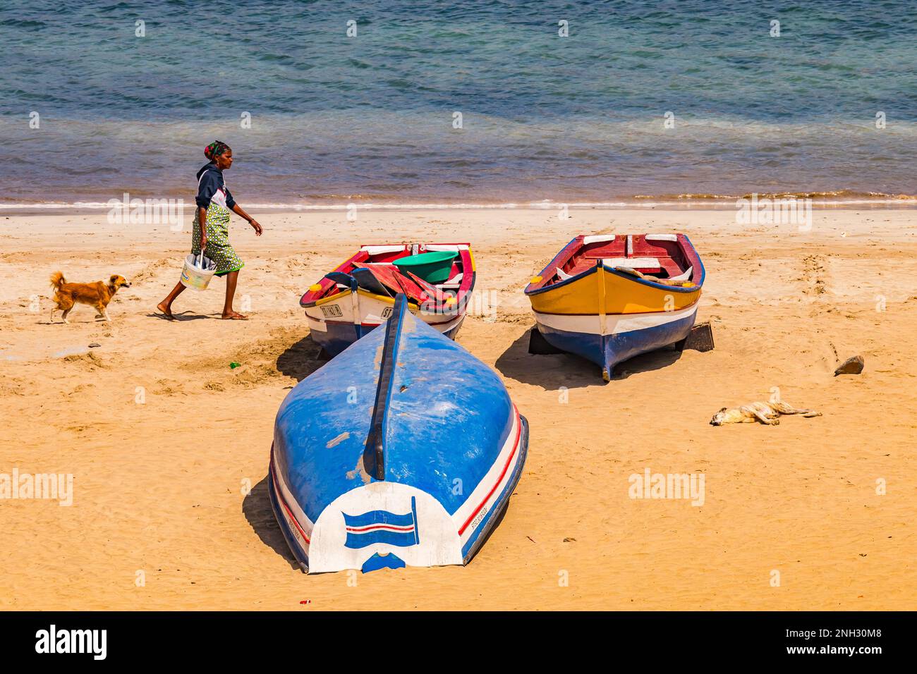 Une femme et deux chiens à côté de trois petits bateaux sur la plage de Tarrafal, île de Santiago, îles du Cap-Vert Banque D'Images