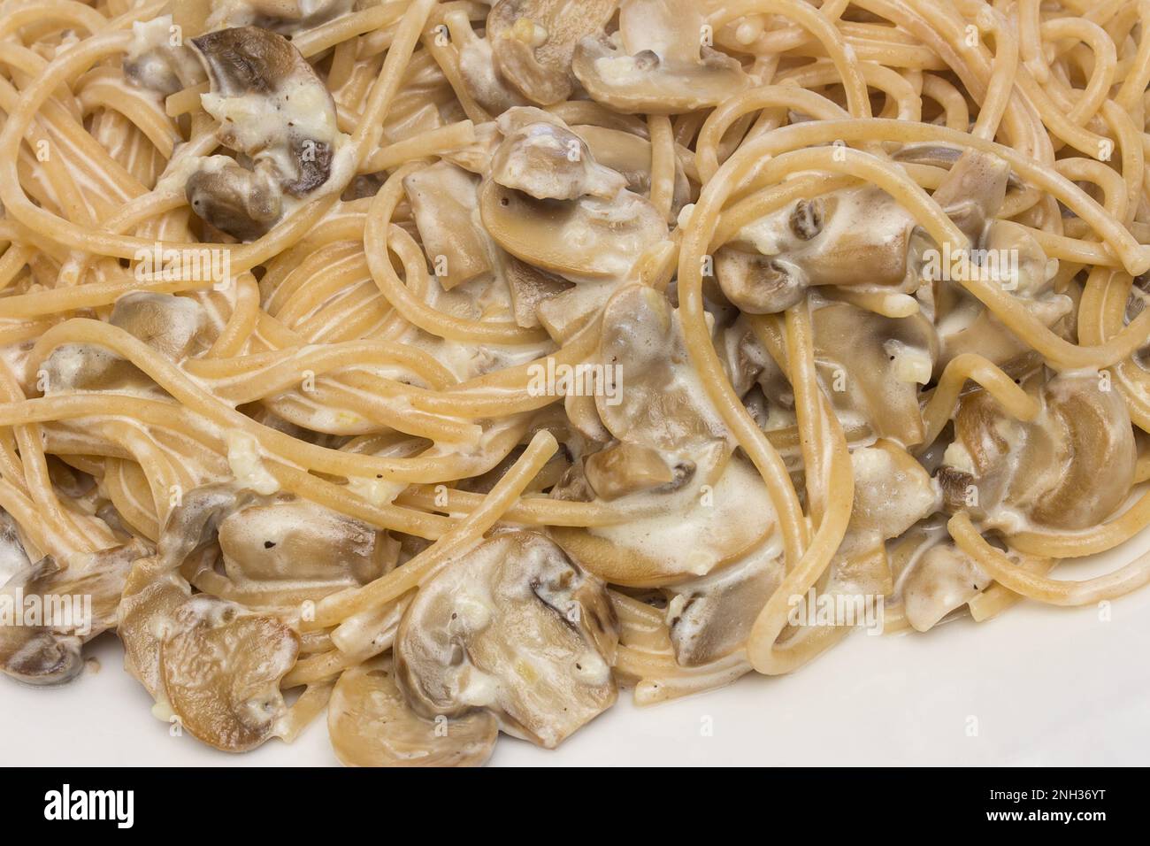 Gros plan d'une grande assiette de spaghetti juteux aux champignons, garnie d'herbes fraîches sur le dessus. Cuisine italienne et concept gastronomique. Banque D'Images