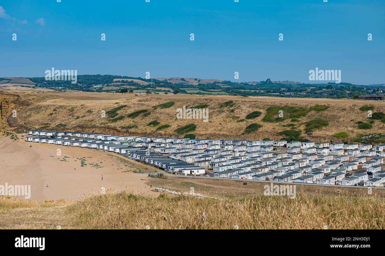 Mobile homes maison de vacances sur la plage, Jurassic Coast, Burton Freshwater, Dorset, Angleterre, ROYAUME-UNI Banque D'Images