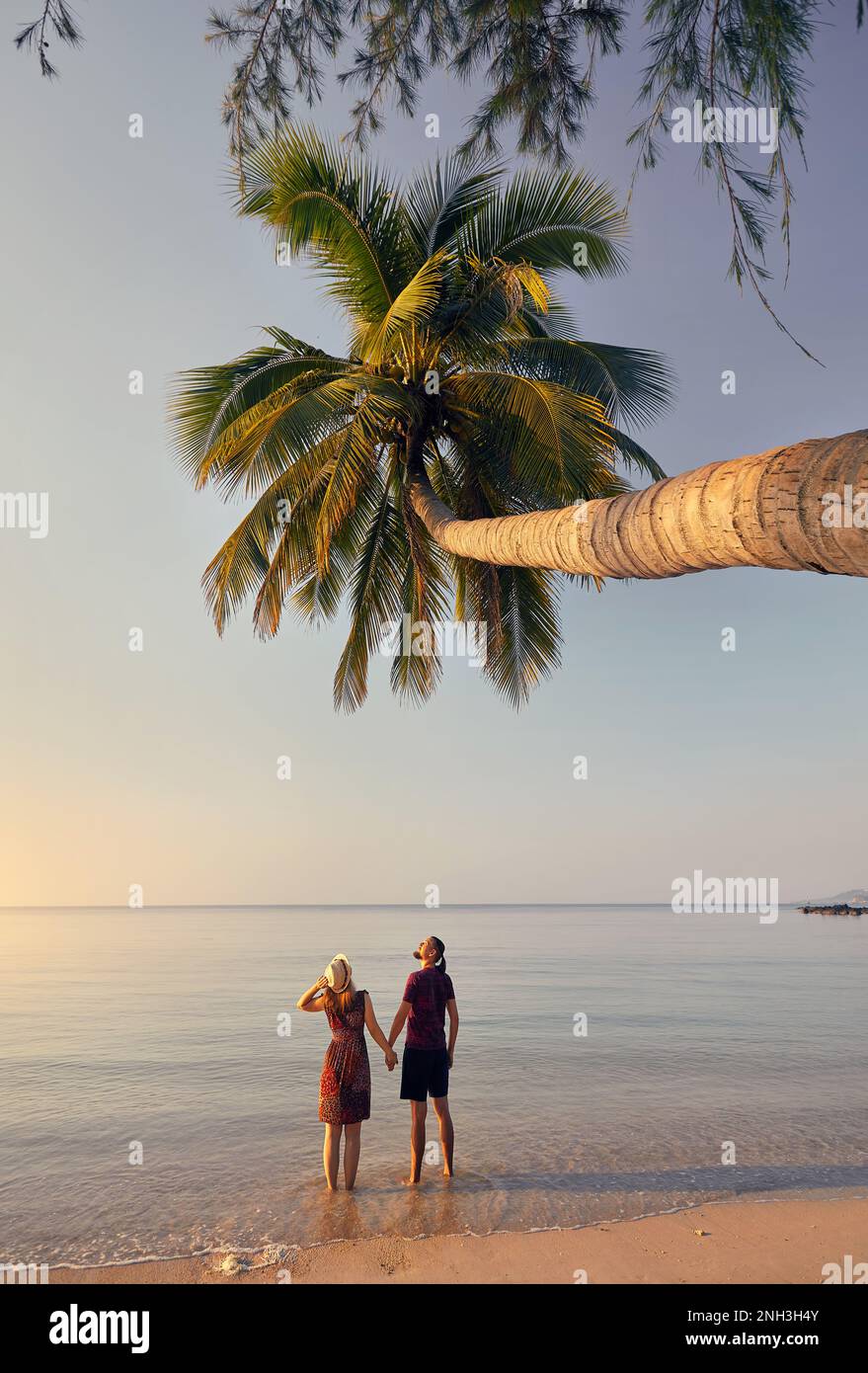 Couple heureux en silhouette sur la plage tropicale près du palmier de l'île de Phi Phi dans le sud de la Thaïlande. Magazine de voyage concept de vacances. Banque D'Images