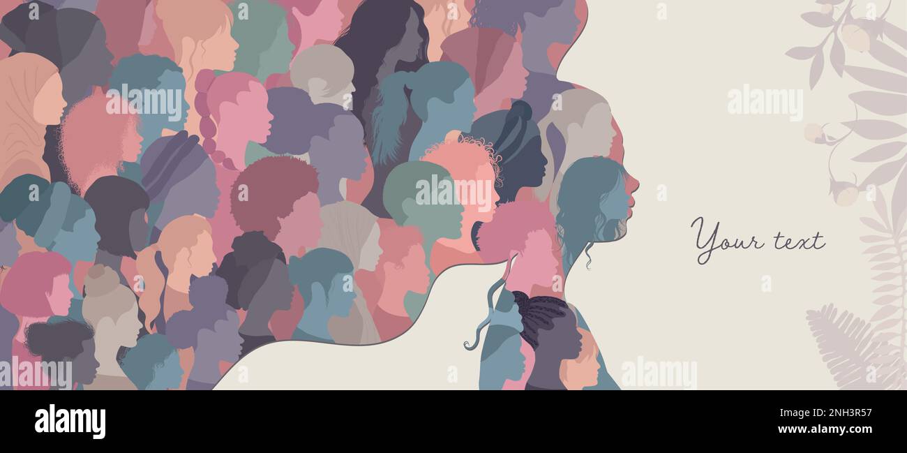 Silhouette de visage de femme en profil avec un groupe de femmes multiculturelles à l'intérieur. Concept de journée des femmes. Concept d'égalité raciale anti-racisme. Femme Illustration de Vecteur