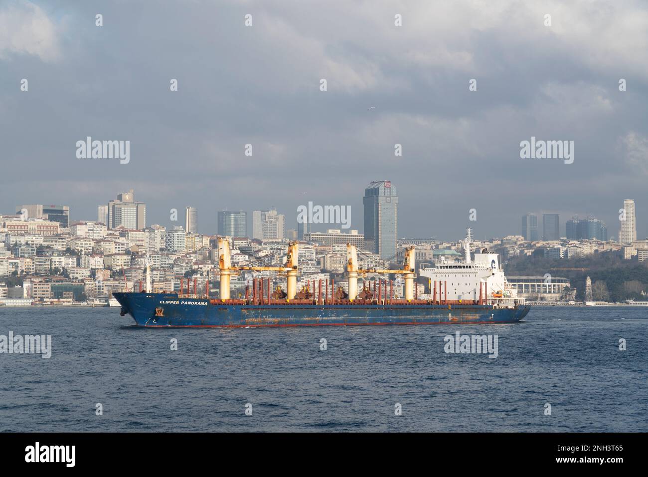 Un énorme cargo en vrac passe à travers le détroit de Bosporus, le fond historique de la péninsule . Istanbul, Turquie. Banque D'Images