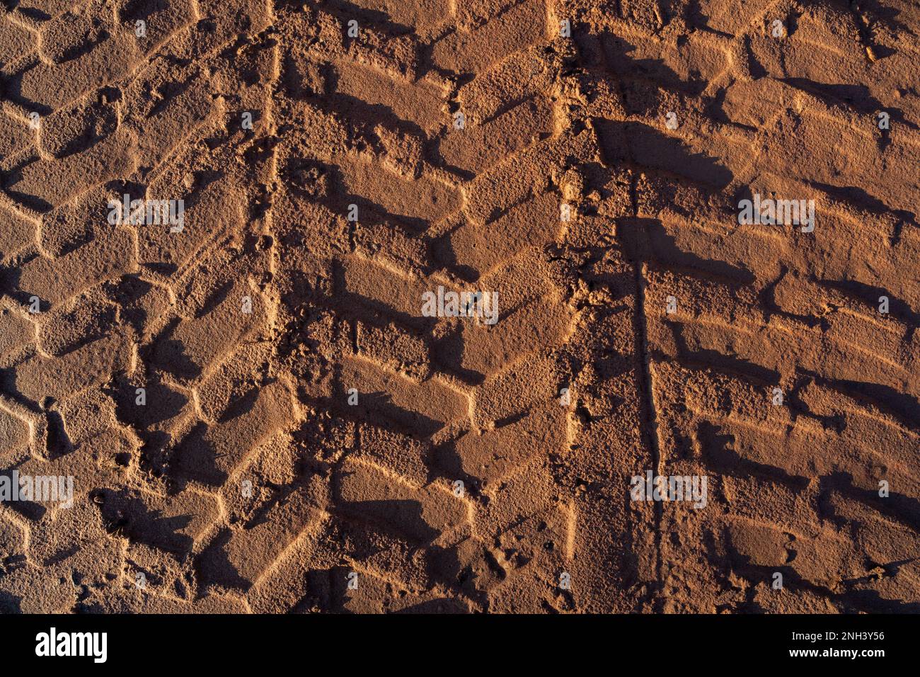Sable brun avec traces de pneu de la chargeuse sur pneus Banque D'Images