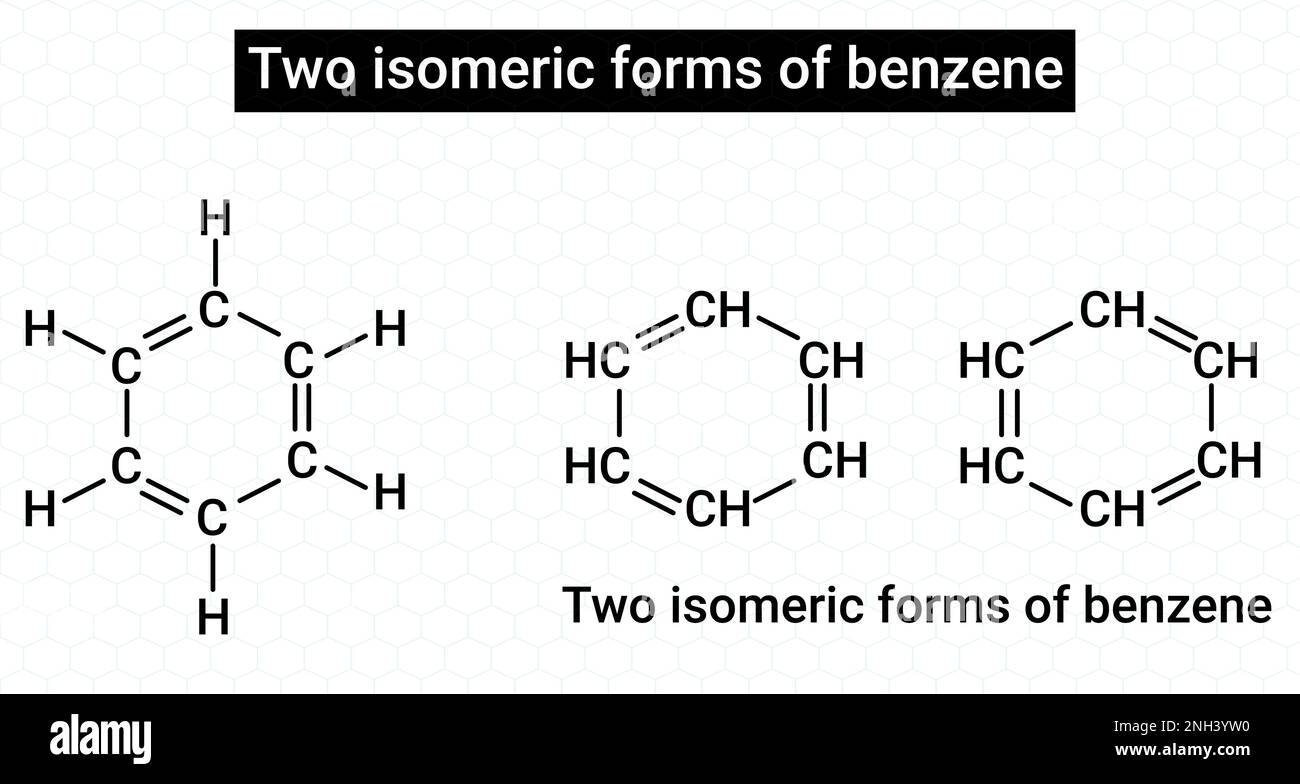 Composés aromatiques : un ou plusieurs anneaux composés d'atomes de carbone contiennent des liaisons doubles et simples alternatives. Illustration de Vecteur