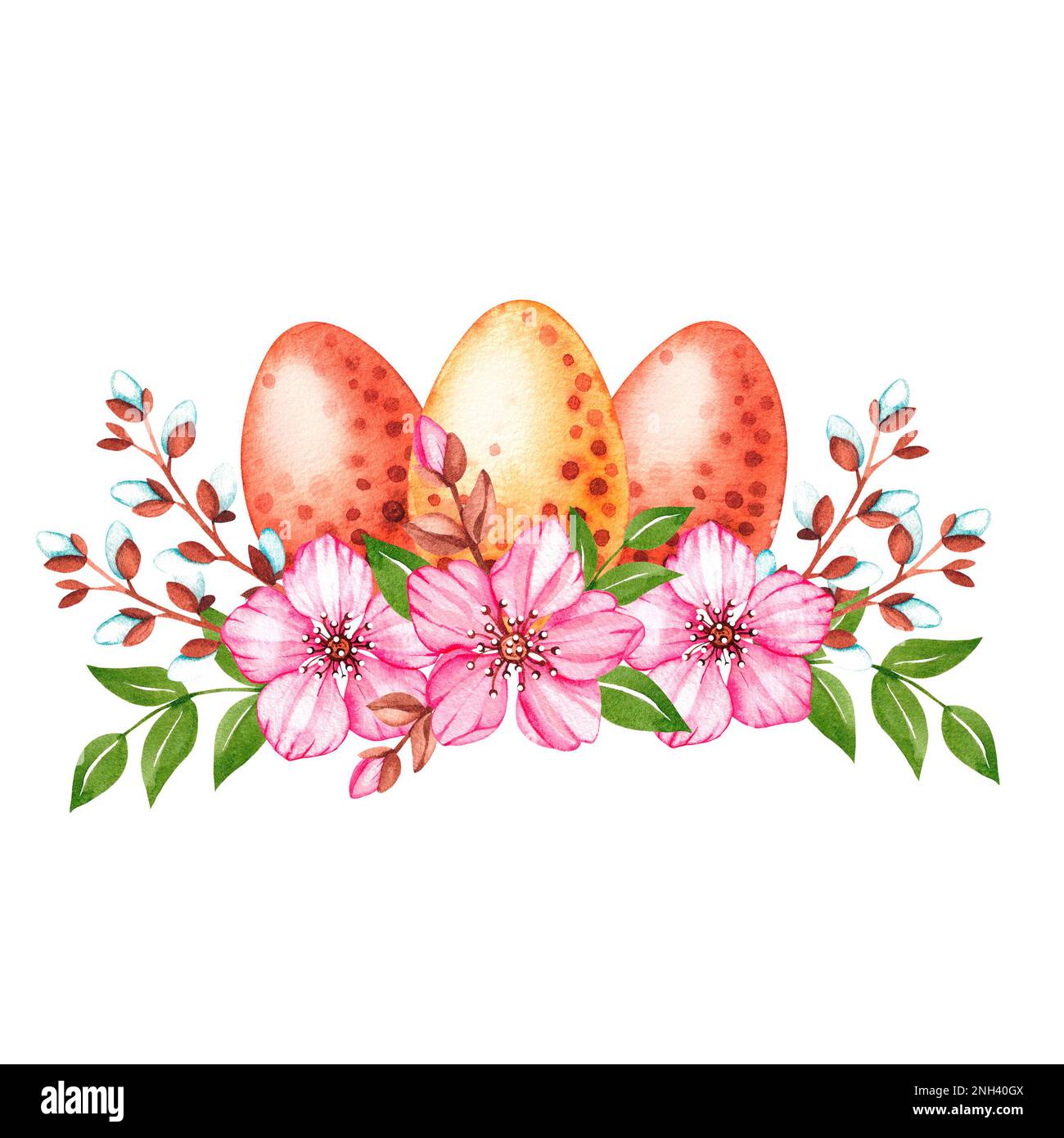 Oeufs de Pâques aquarelle avec fleurs de cerisier pour cadeaux de vacances, tissus imprimés, invitations, scrapbooking numérique, textiles de tissus, mode Banque D'Images