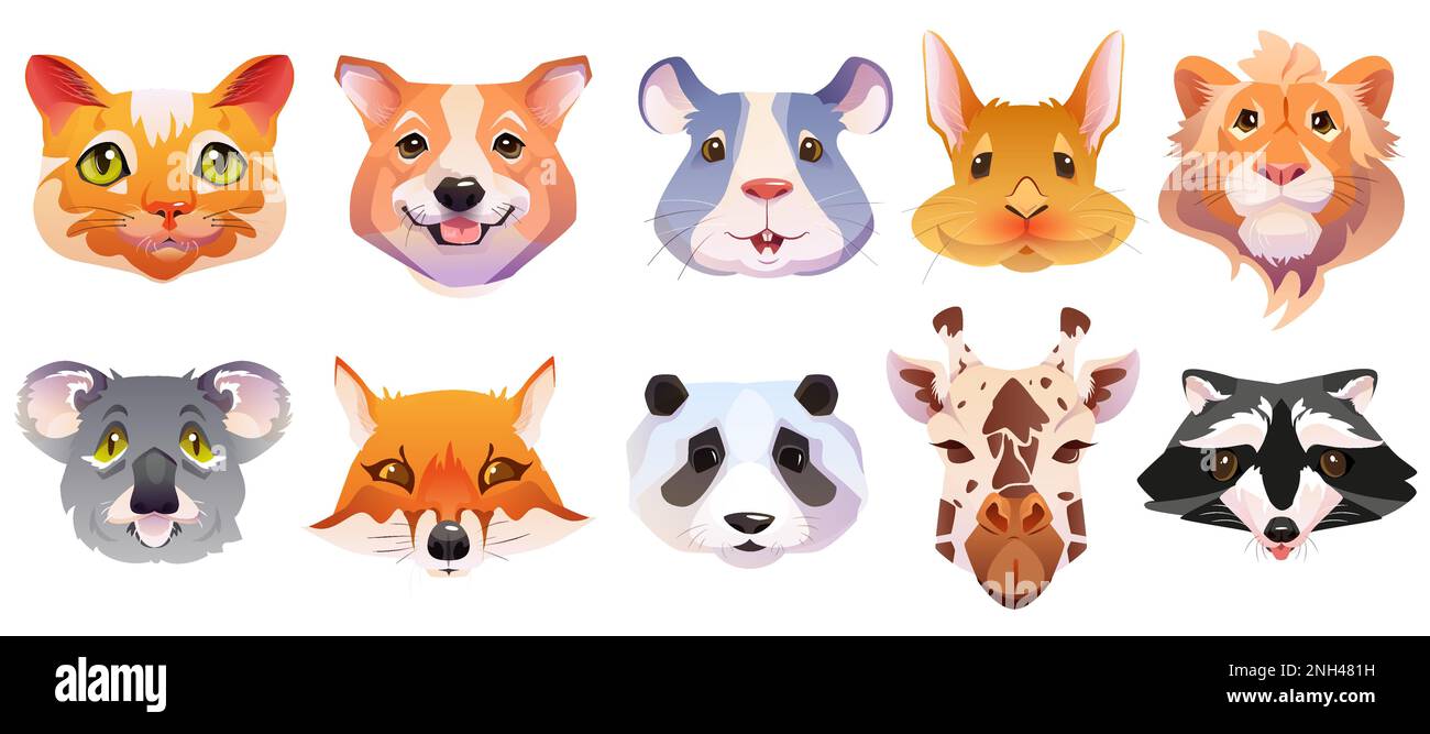 Ensemble de dessin animé de visage animal avec des masques mignons pour selfie photo ou chat vidéo. Têtes d'animaux de chat, chien, renard, raton laveur, lapin, lion, koala, souris et girafe pour applications de téléphonie mobile ou contenu social. Illustration de Vecteur