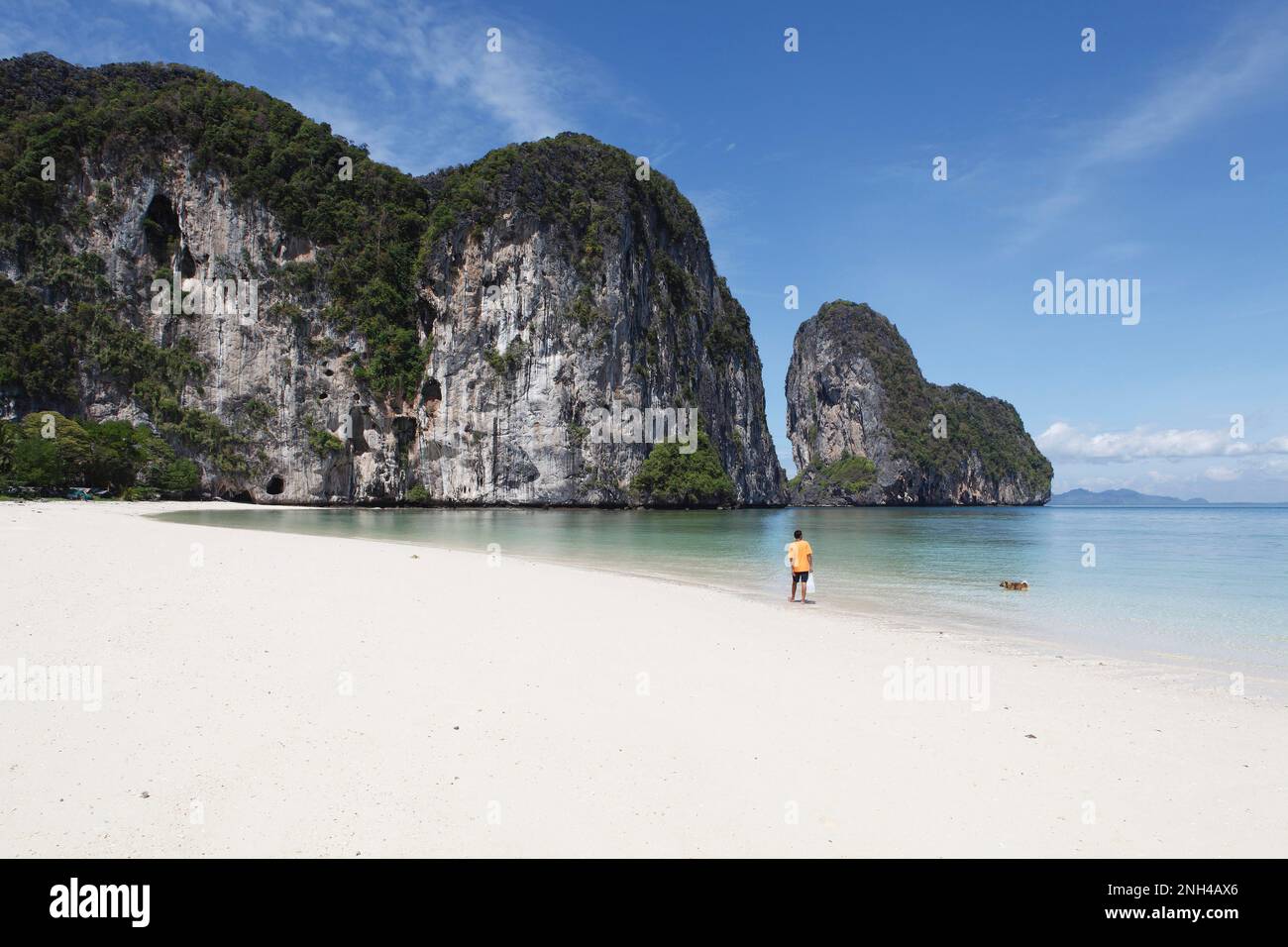 Rochers karstiques et plage de sable blanc, Koh Lao Liang, Mer d'Andaman, Sud de la Thaïlande, Thaïlande Banque D'Images