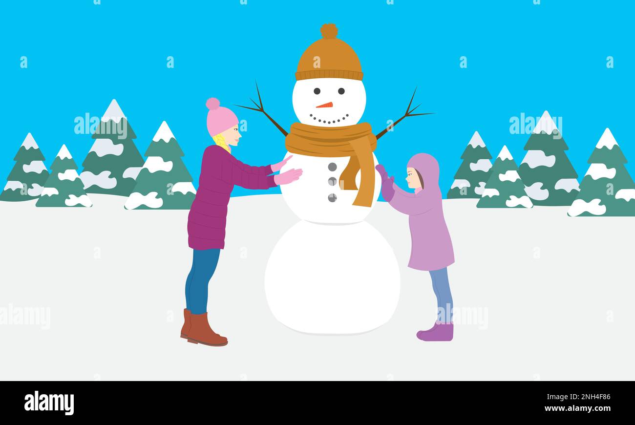 Bonhomme de neige de la mère et de la fille Illustration de Vecteur