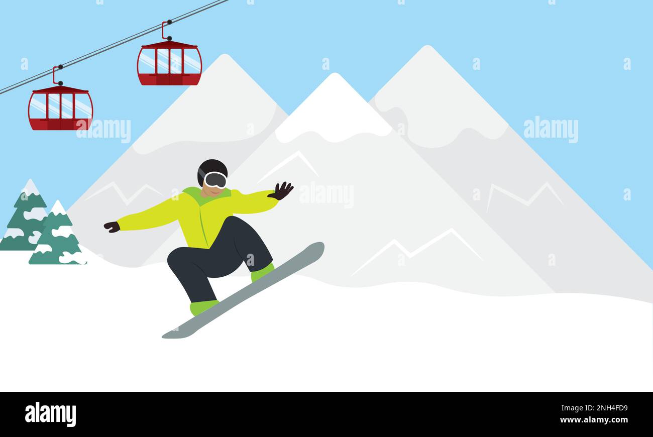 Homme snowboard sur les pistes de la station de ski Illustration de Vecteur
