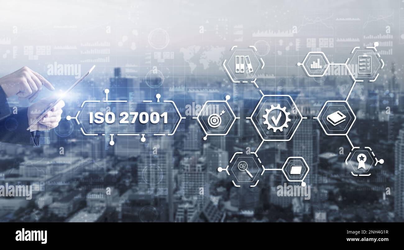 ISO 27001. Norme internationale de sécurité des informations. Concept de garantie de contrôle qualité des normes ISO Banque D'Images