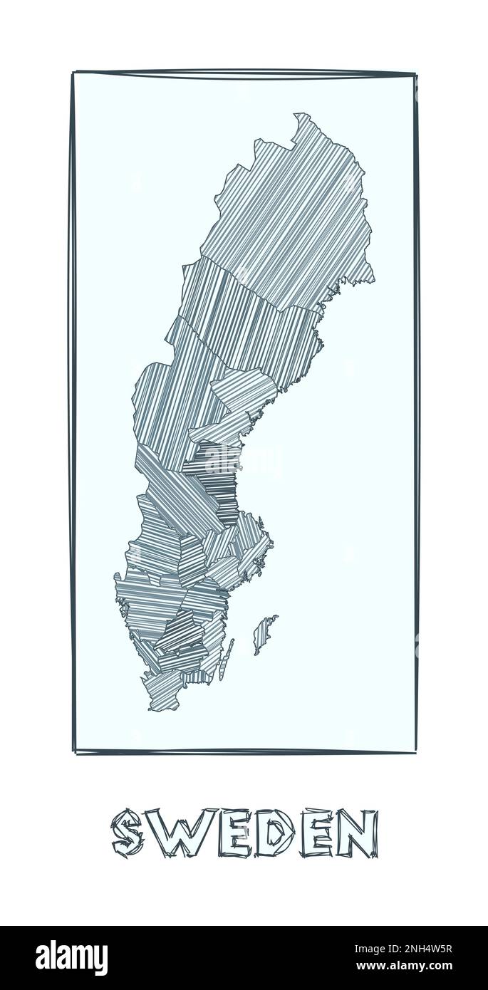 Croquis carte de la Suède. Carte dessinée à la main en niveaux de gris du pays. Zones remplies de rayures hachurées. Illustration vectorielle. Illustration de Vecteur