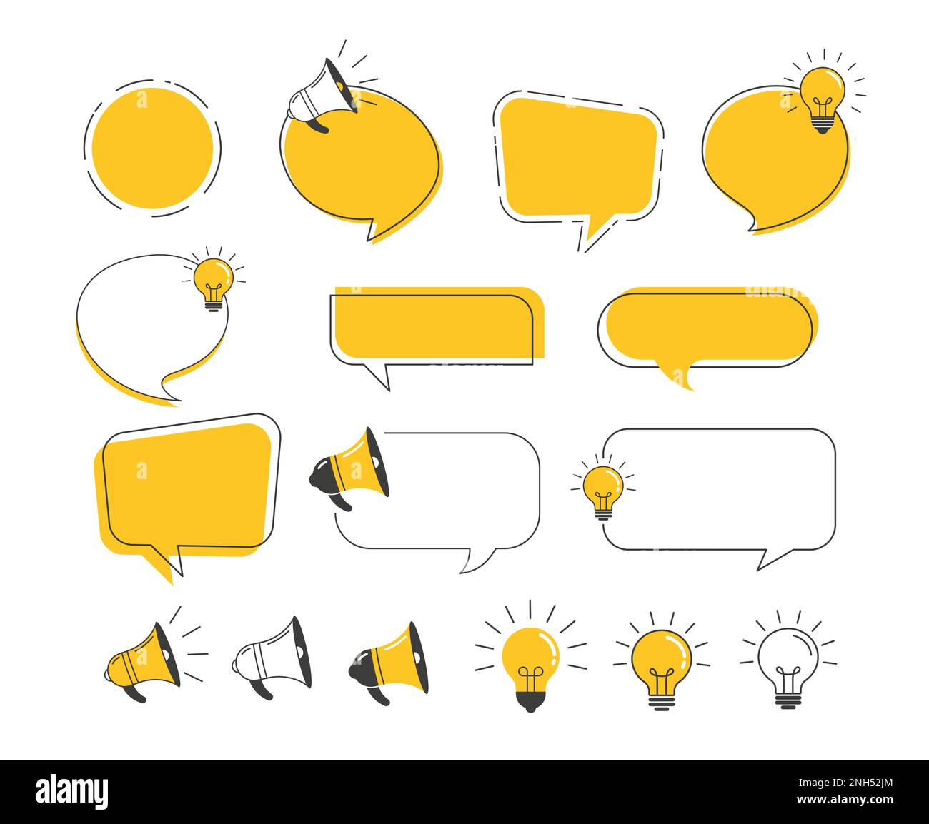 Collection de bulles de parole jaunes et noires, de mégaphones et d'ampoules. Faits amusants, trivia, concept de conception d'idée Illustration de Vecteur