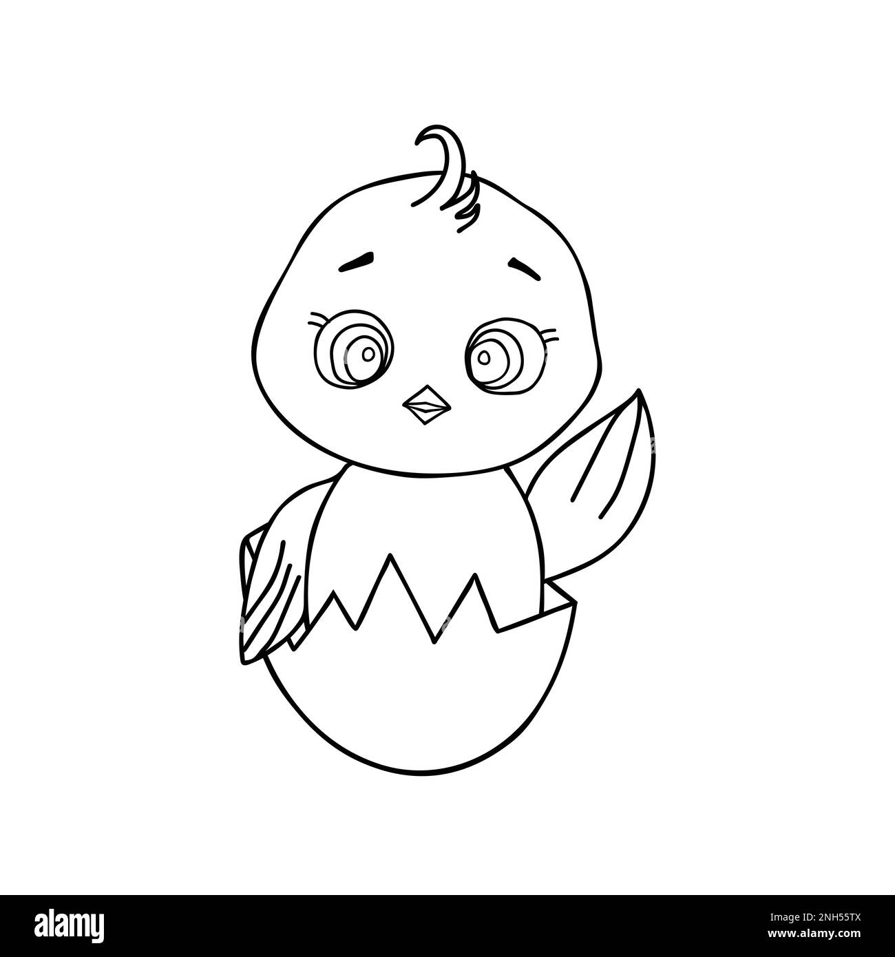 Poulet nouveau-né mignon et amusant en coquille d'œuf cassée. Pour livre de coloriage. Illustration vectorielle mignonne Illustration de Vecteur