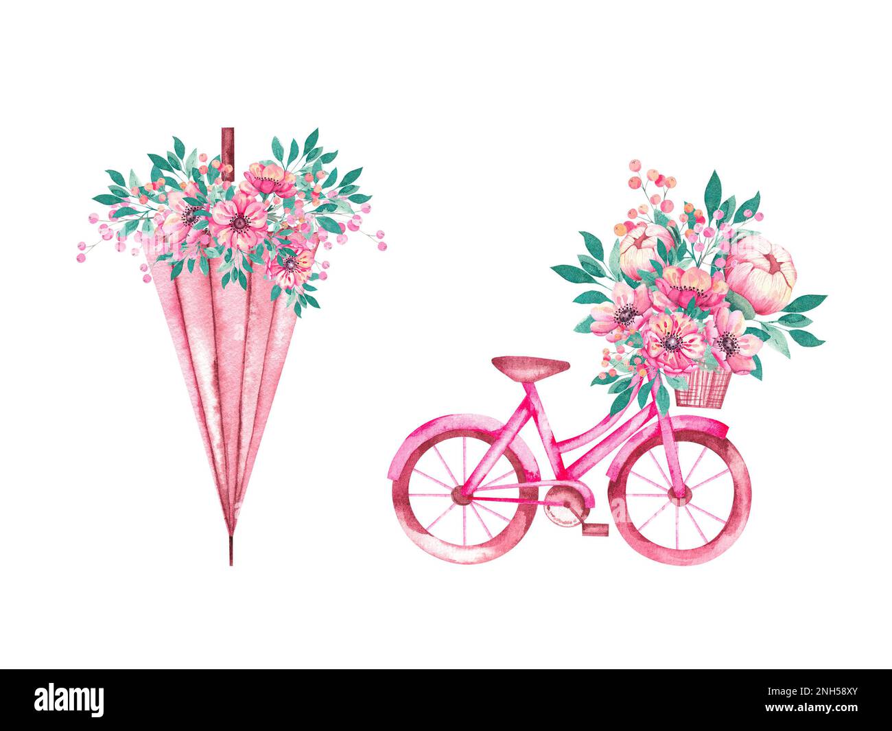 Set de source aquarelle avec vélo, parapluie, fleurs sur fond blanc pour le design, les réseaux sociaux, la promotion, le marketing, l'emballage cadeau, carte postale Banque D'Images