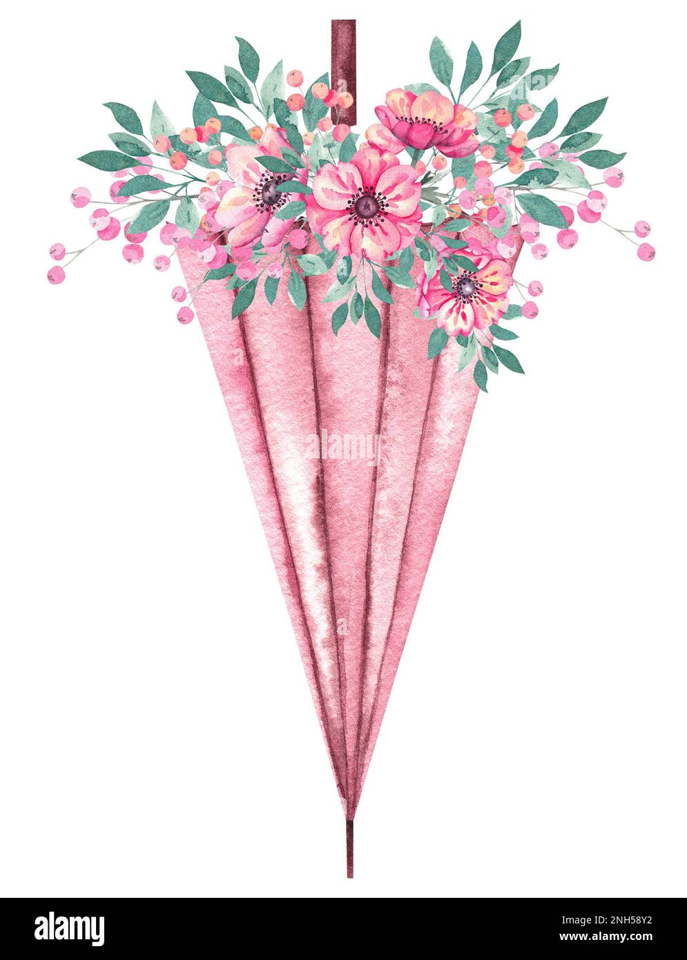 Parapluie d'aquarelle avec fleurs d'anémone. Parapluie pour le conditionnement de décoration, vêtements pour enfants, cadeaux de vacances, tissus imprimés, invitations, numérique Banque D'Images