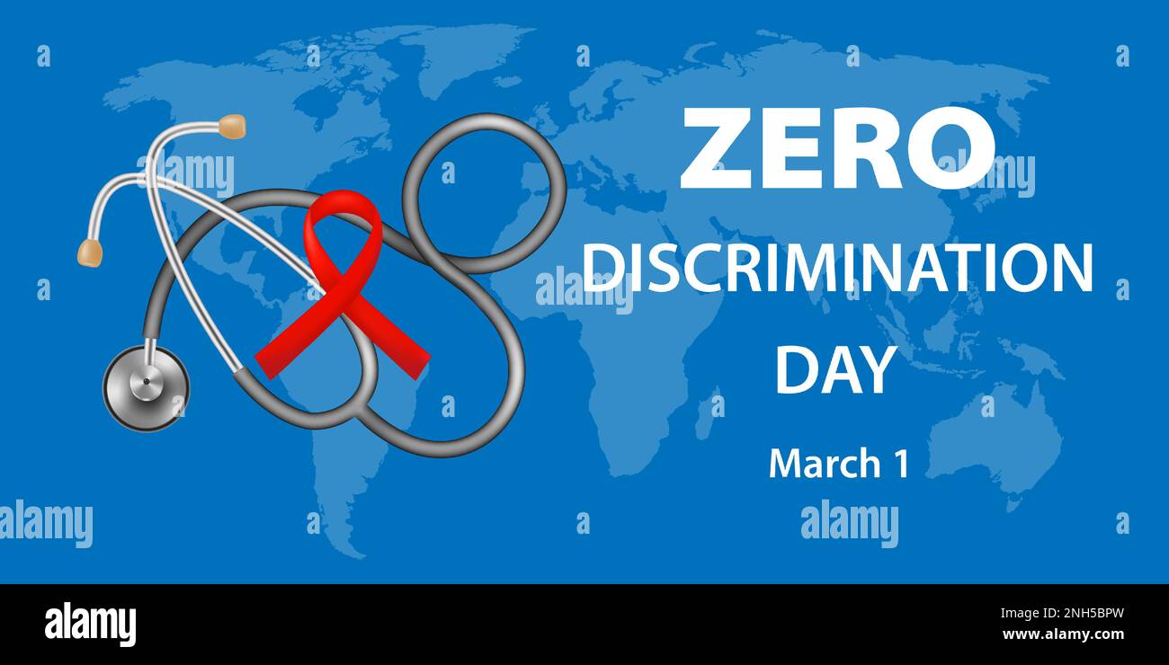 Affiche Journée de la discrimination zéro 1 mars. Modèle avec ruban rouge symbolique, statuoscope, carte du monde, texte sur fond bleu. Concept de sensibilisation au SIDA. Illustration de Vecteur