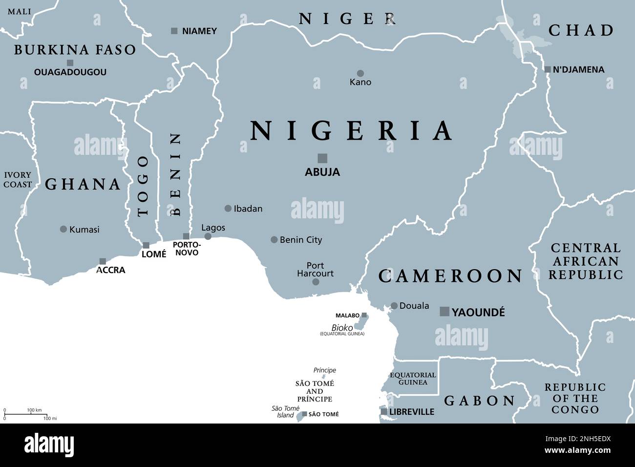 Nigéria et pays de l'Afrique de l'Ouest sur le Golfe de Guinée, carte politique. Ghana, Togo, Bénin, Nigéria, Cameroun, Guinée équatoriale, Sao Tomé-et-principe. Banque D'Images