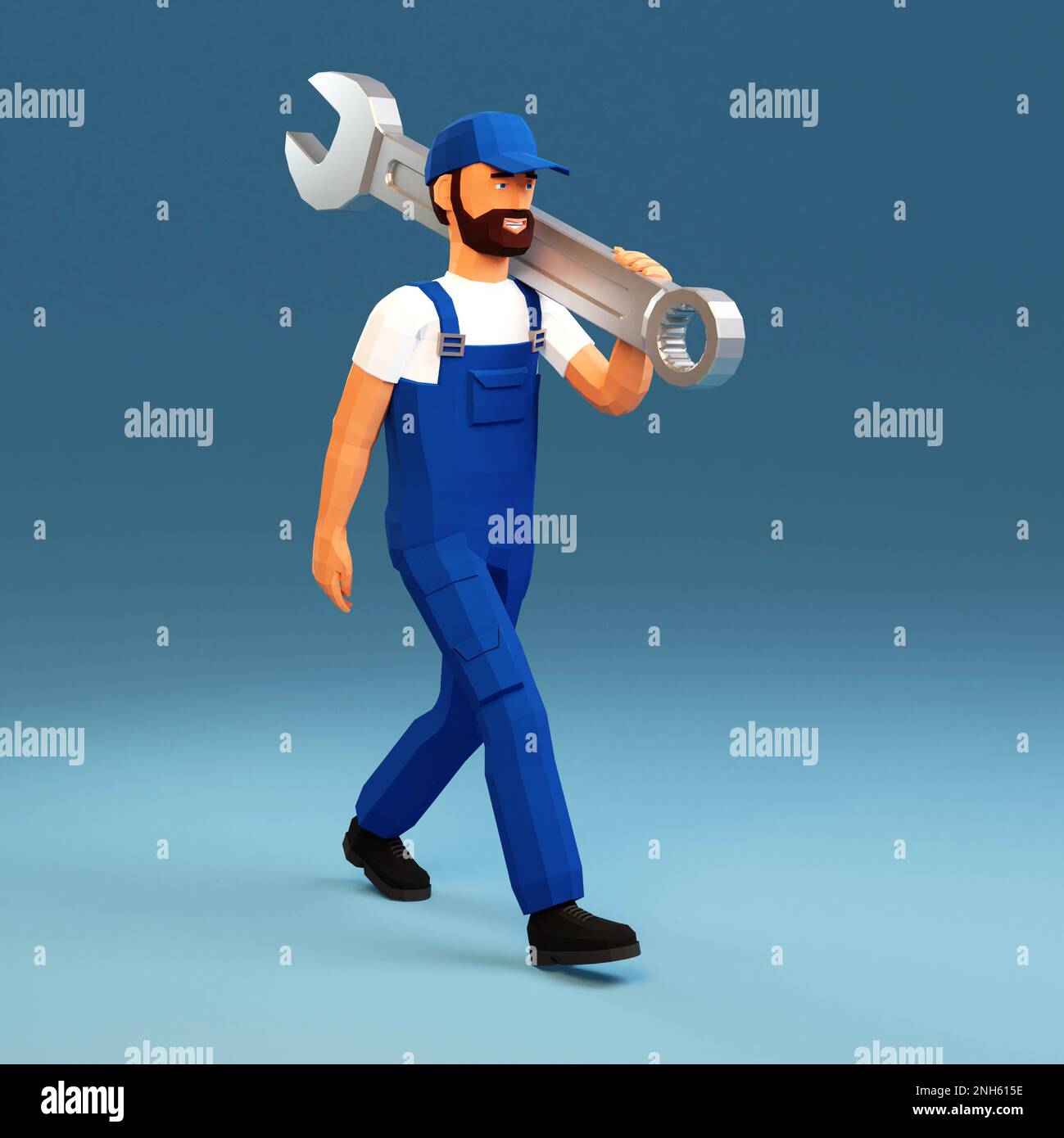 3d le travailleur porte une grande clé Banque D'Images