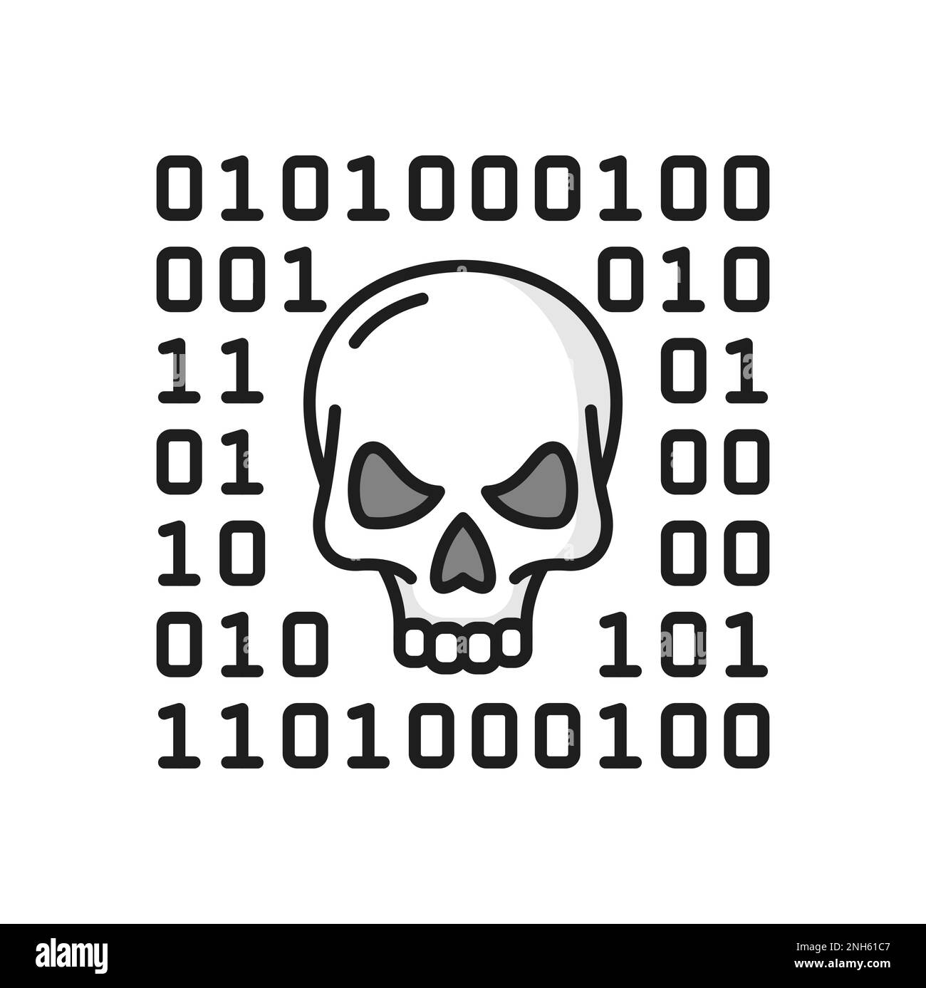 Crâne et système binaire, icône de ligne de cyber-attaque. Codage de fichiers binaires vectoriels, cryptage de données, attaque de hacker de langages de programmation Illustration de Vecteur