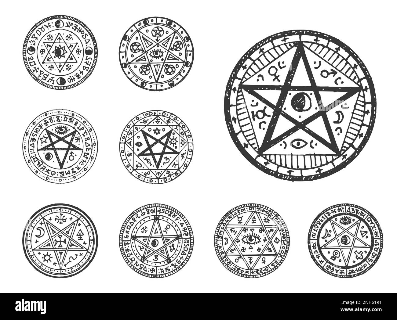 Cercle magique pentagramme esquisse. Religion ou occulte ancien sceau, alchimie ou magie gravé vecteur emblème ou sorcellerie sacré tatouage. Rituel d'astrologie Illustration de Vecteur