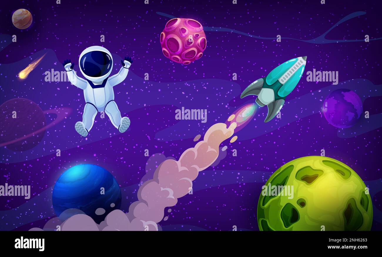 Vaisseau spatial de fusée, planètes et astronaute de dessin animé dans