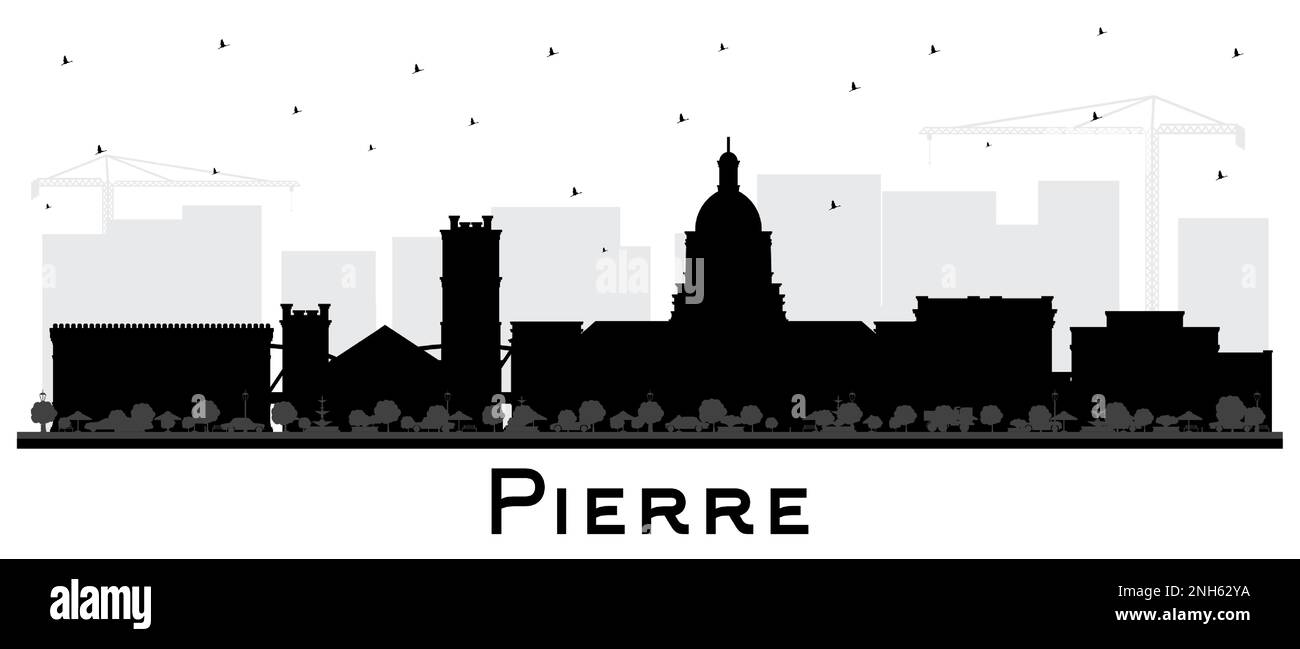 Pierre South Dakota City Silhouette avec bâtiments noirs isolés sur blanc. Illustration vectorielle. Pierre USA CityScape avec des monuments. Illustration de Vecteur