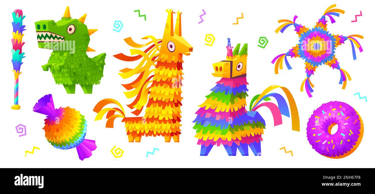 Ensemble de pinatas et chauve-souris animaux de dessin animé isolés sur fond blanc. Illustration vectorielle d'accessoires en papier colorés en forme de dinosaure, cheval, licorne, étoile, donut pour la fête mexicaine traditionnelle Illustration de Vecteur