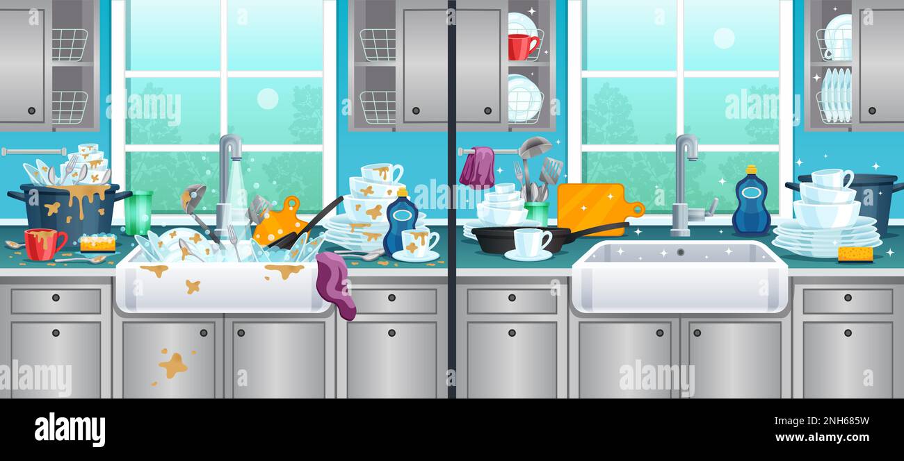 Arrière-plan sale et propre de la cuisine avec symboles de vaisselle illustration vectorielle plate Illustration de Vecteur
