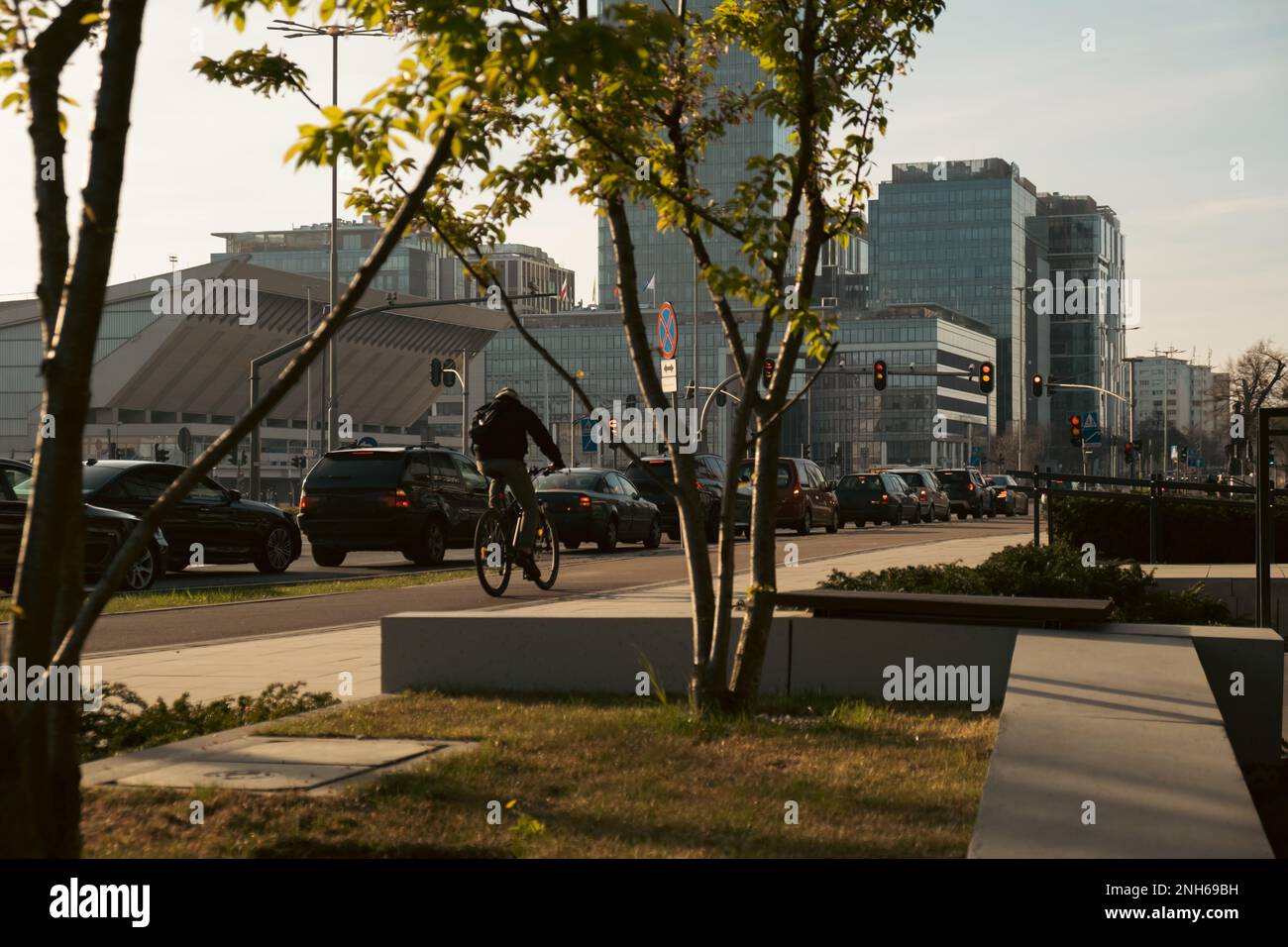 Man fait du vélo dans les transports en commun de Gdansk. Quartier des affaires d'Oliva circulation de la ville de transport. Trams bus voitures City Traffic Jam. Vie urbaine Banque D'Images