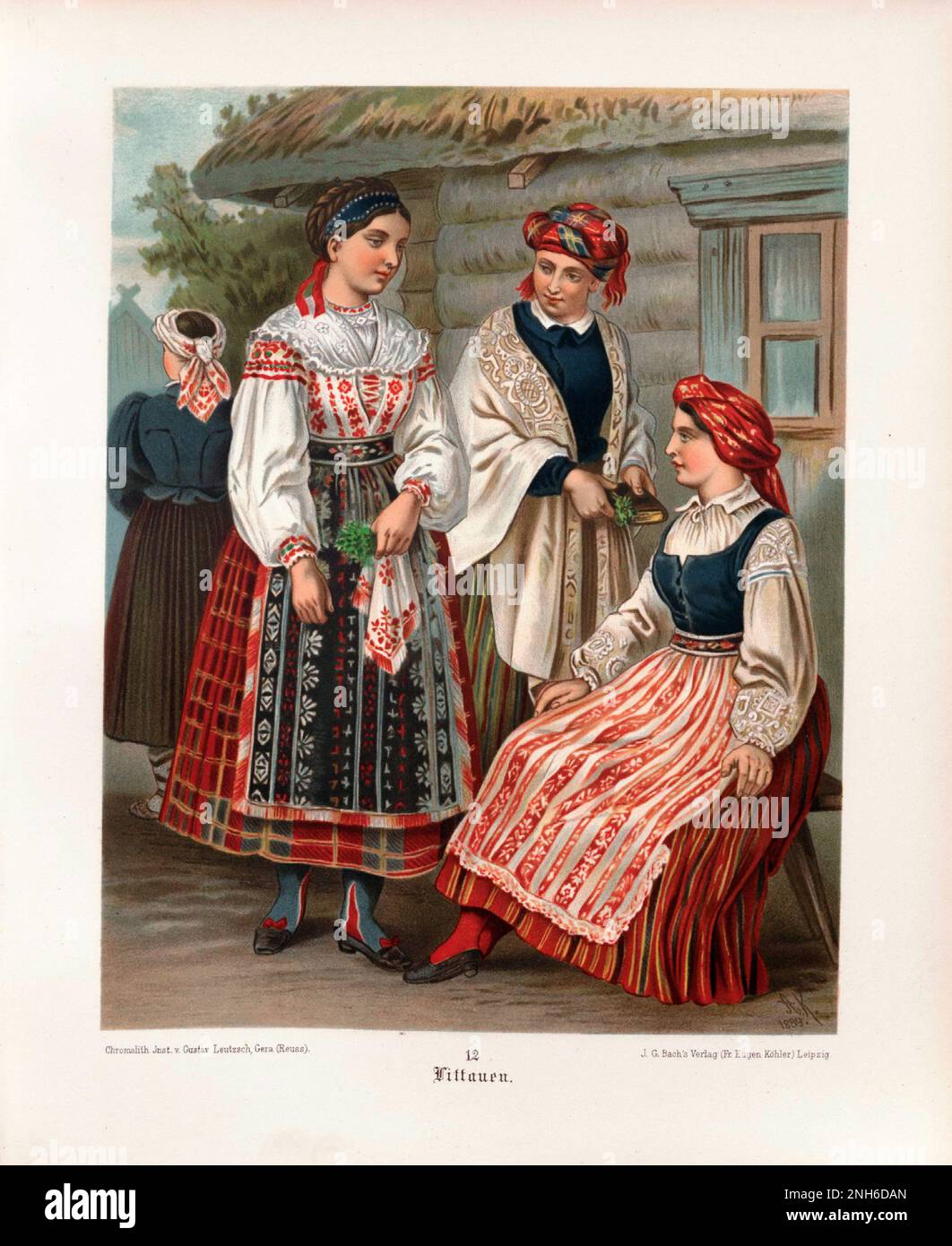 Costume folklorique allemand. Lituanie (Litauen). lithographie de 19th-siècle. Banque D'Images