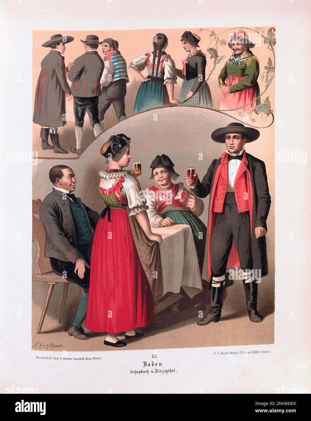 Costume folklorique allemand. Baden. lithographie de 19th-siècle. Banque D'Images