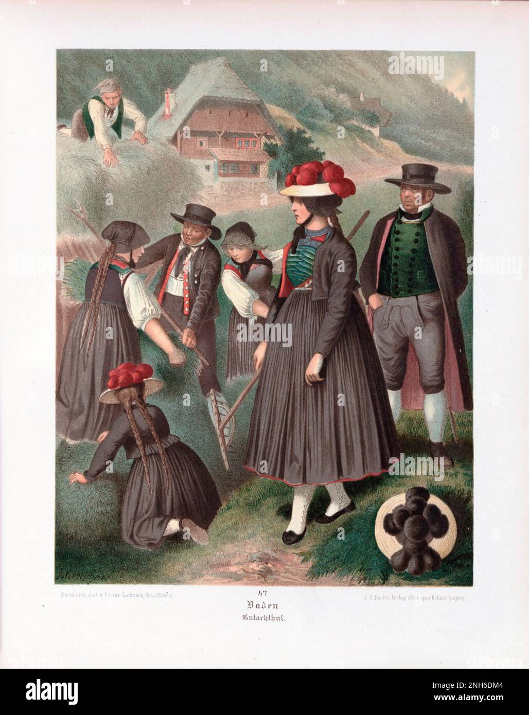 Costume folklorique allemand. Baden, Gutachthal. lithographie de 19th-siècle. Banque D'Images
