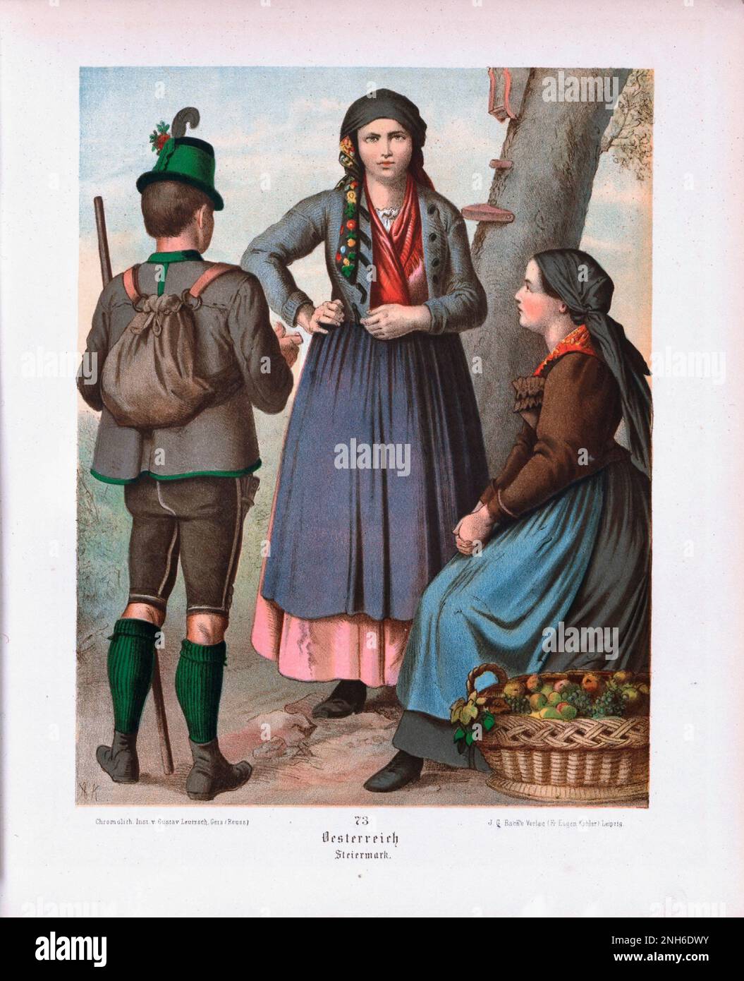 Costume folklorique allemand. Autriche (Geramn: Österreich), Styrie (Steiermark). lithographie de 19th-siècle. Banque D'Images