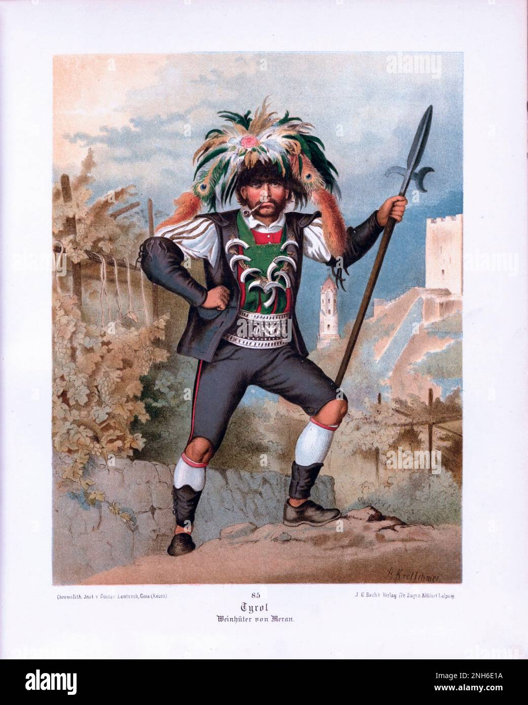 Costume folklorique allemand. Tyrol (région historique dans les Alpes - dans le nord de l'Italie et l'ouest de l'Autriche), Weinhuter de Meran. lithographie de 19th-siècle. Banque D'Images