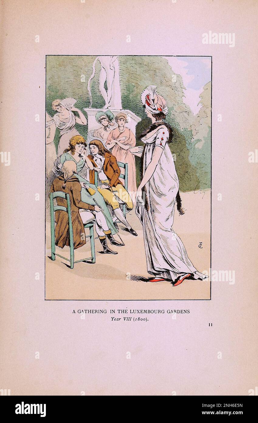 Mode vintage à Paris. Un rassemblement dans les jardins du Luxembourg. 1800. Les différentes phases du goût féminin et de l'esthétique de 1797 à 1897 Banque D'Images
