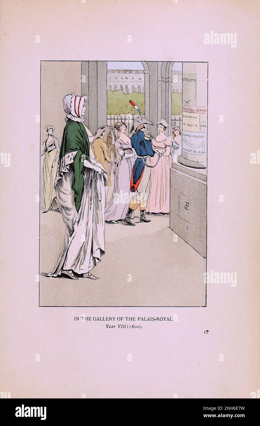 Mode vintage à Paris. Dans la Galerie du Palais Royal. 1800. Les différentes phases du goût féminin et de l'esthétique de 1797 à 1897 Banque D'Images