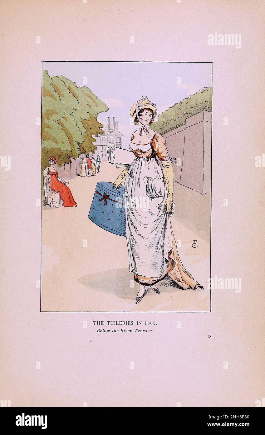 Mode vintage à Paris. Les Tuileries en 1802. Sous la terrasse de la rivière. Les différentes phases du goût féminin et de l'esthétique de 1797 à 1897 Banque D'Images