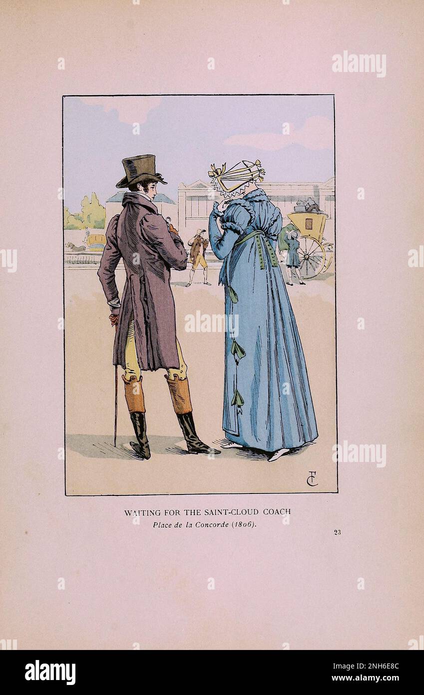 Mode vintage à Paris. En attente de l'autocar de Saint-Cloud. Place de la Concorde (1806) les différentes phases du goût féminin et de l'esthétique de 1797 à 1897 Banque D'Images
