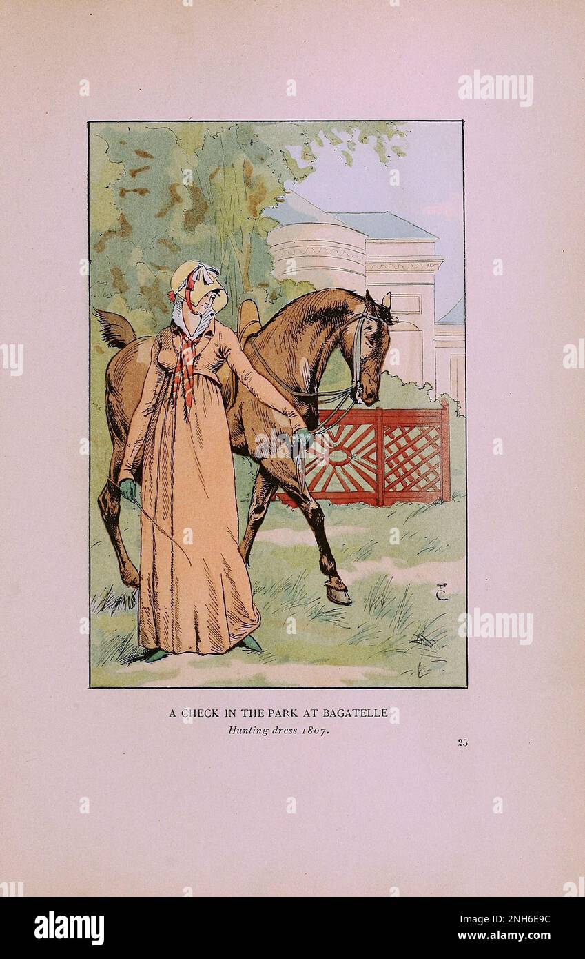 Mode vintage à Paris. Un chek dans le parc de Bagatelle. Robe de chasse, 1807. Les différentes phases du goût féminin et de l'esthétique de 1797 à 1897 Banque D'Images