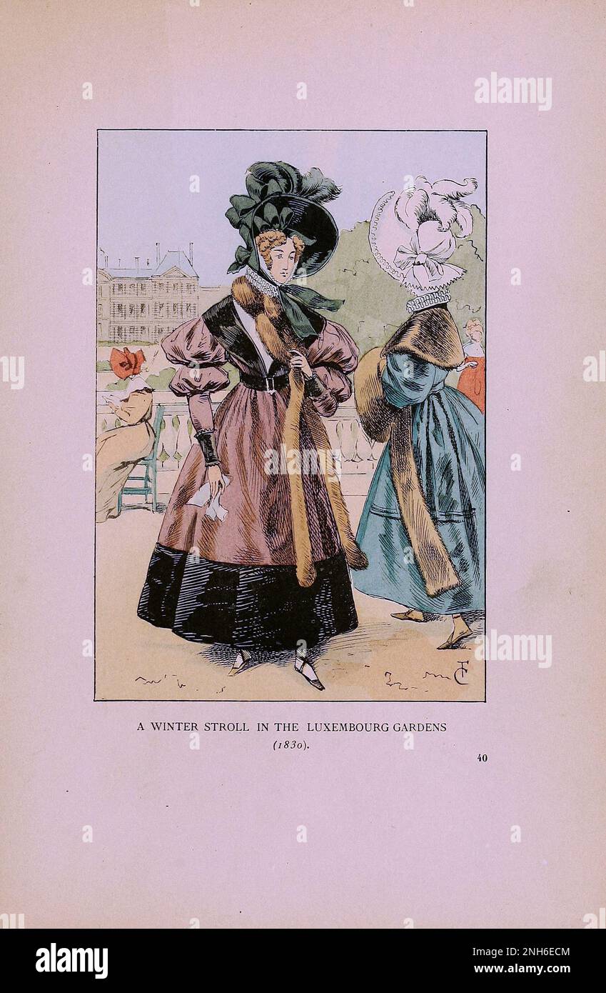 Mode vintage à Paris. Promenade hivernale dans les jardins du Luxembourg, 1830. Les différentes phases du goût féminin et de l'esthétique de 1797 à 1897 Banque D'Images