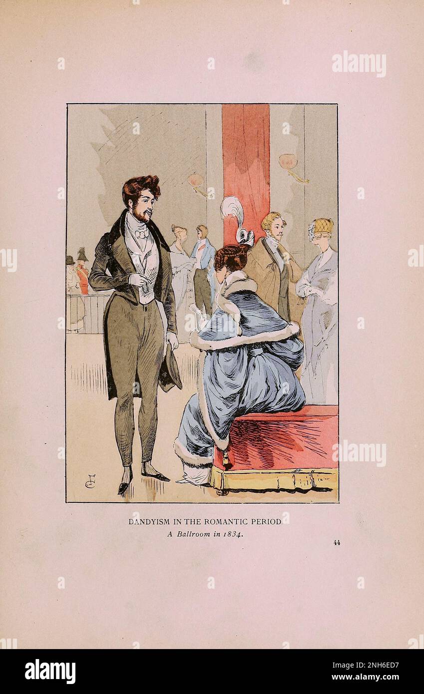 Mode vintage à Paris. Dandyisme dans la période romantique. Une salle de bal en 1834. Les différentes phases du goût féminin et de l'esthétique de 1797 à 1897 Banque D'Images