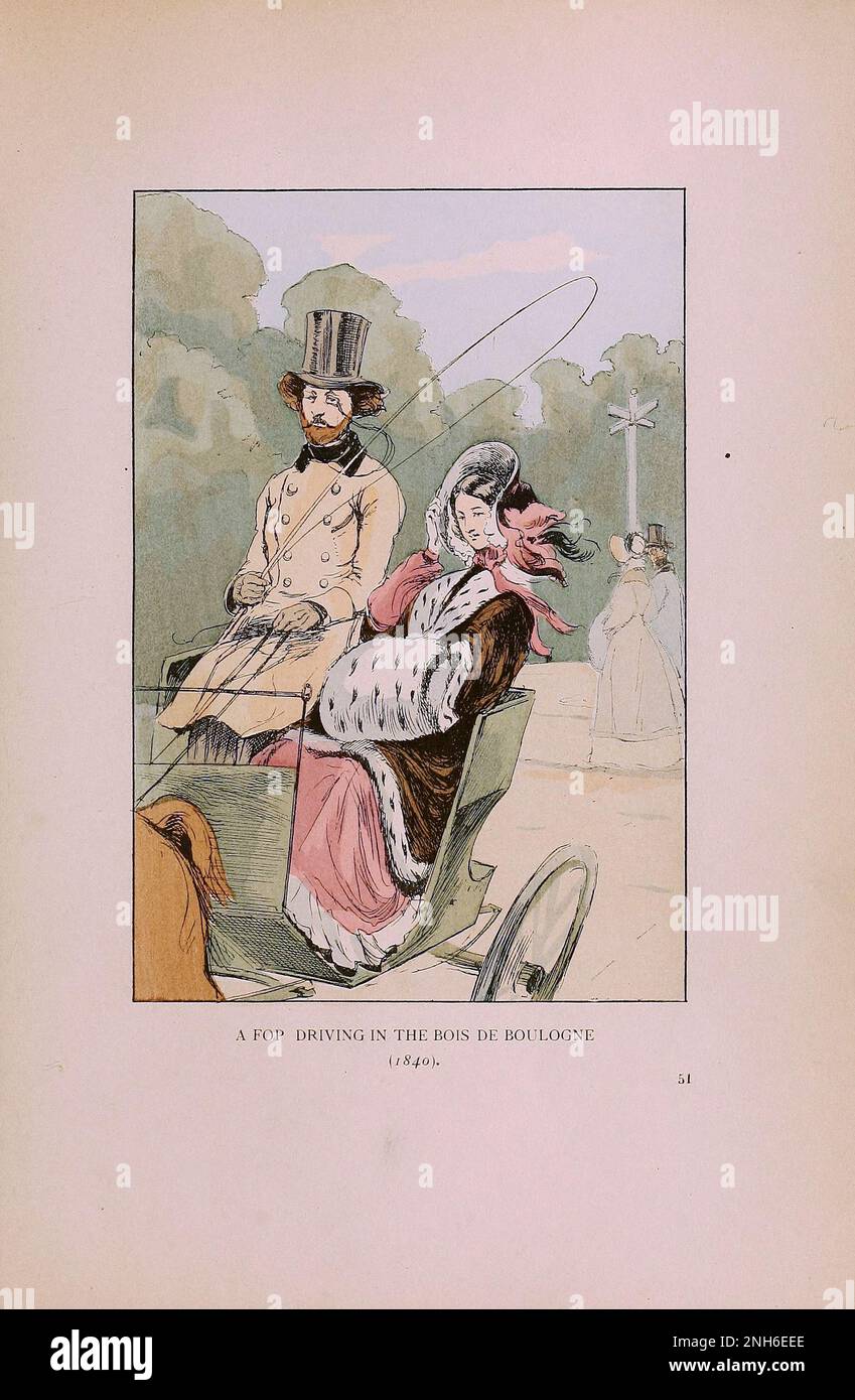 Mode vintage à Paris. Un FOP en voiture dans le Bois de Boulogne, 1840. Les différentes phases du goût féminin et de l'esthétique de 1797 à 1897 Banque D'Images